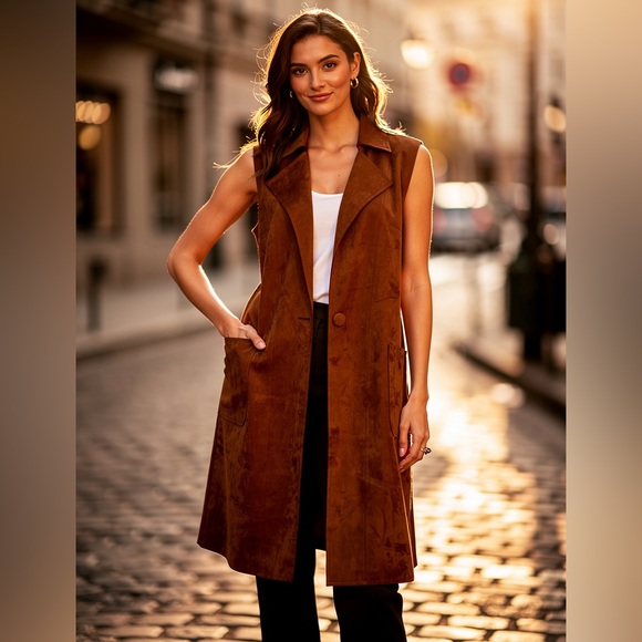 Solitaire Jackets & Blazers - NWT Tan Faux Suede Sleeveless Trench Vest Longline Fall Layering Size S